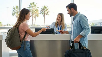 Close up of a customer presenting two credit cards at a car rental desk in Orlando