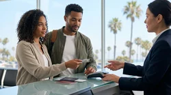 Customer handing a credit card to an agent at a car hire counter in California