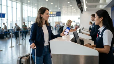 Traveler pulling a suitcase through an airport terminal towards a car rental pick-up area in New York