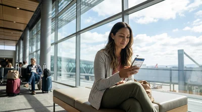 Traveler looking at a smartphone near a car hire counter inside a San Francisco airport terminal