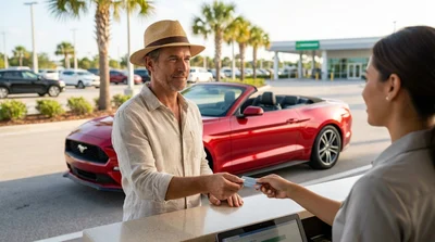 Person holding a credit card and keys in front of a white car rental vehicle in Florida