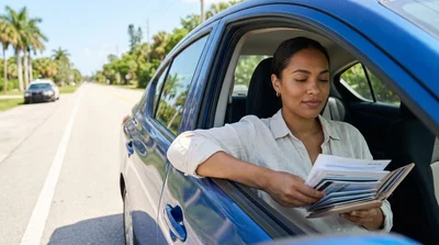 A modern car hire driving on a highway lined with palm trees under a sunny blue sky in Orlando