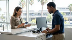 Close-up of hands passing a credit card to an agent at a Los Angeles car rental desk