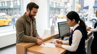 Man handing his driver's license to an agent at a car rental counter in New York