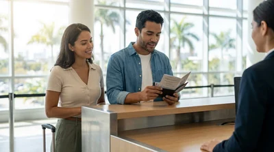 Person holding a driving licence next to a white vehicle at a car rental in Miami