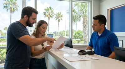 Customer reading a document at a car rental desk in Orlando with keys and a pen on the counter