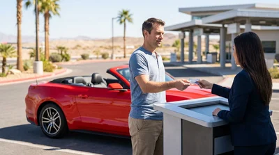Close-up of a customer handing a credit card to an agent at a Las Vegas car rental counter