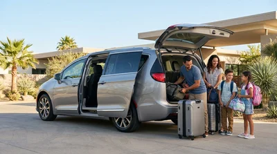 Two adults and two children loading luggage into a spacious car rental in Texas