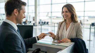 Customer presenting documents and a credit card at a car rental desk in the United Estates