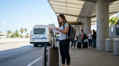 People with luggage waiting to board a car rental shuttle bus outside a Los Angeles airport terminal