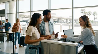 Customer handing a driving license to a car rental agent at a counter in California