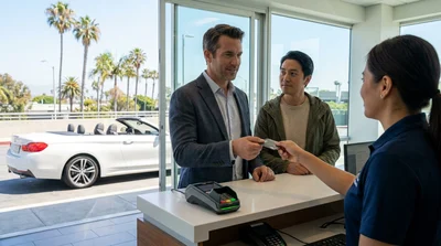 Customer handing a company credit card to a clerk at a car rental counter in California