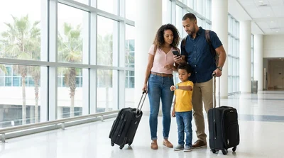 Traveler loading luggage into a white car rental vehicle outside the airport terminal in Orlando