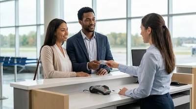 Person handing a credit card to an agent at a Pennsylvania car hire counter