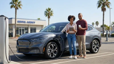 Driver looking at a smartphone next to an electric car rental at a charging station in California