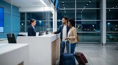 Customer with luggage standing at a brightly lit car hire counter inside a New York airport
