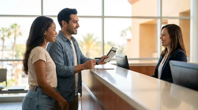 Two customers picking up keys at a car hire counter in Los Angeles