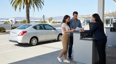 Customer receiving keys from an agent at a car rental counter in California