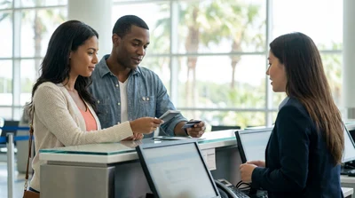 Two customers receiving keys from an agent at a car rental counter in Orlando