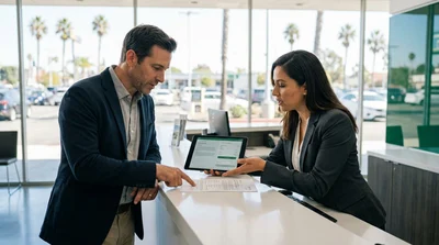Person reviewing a car rental agreement on the hood of a white vehicle in California