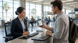 Person showing a digital passport on a smartphone at a car rental counter in California