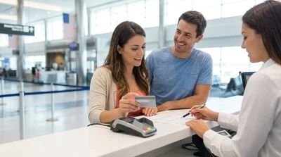 Customer handing a credit card to an agent at a car hire counter in the United Estates