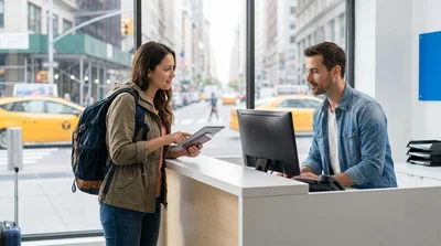 Customer showing travel documents at a car rental counter in New York