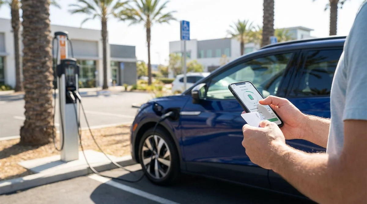 Driver plugging a cable into an electric car rental at a public EV charging station in California