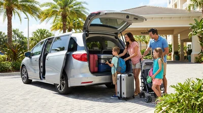 Family of four loading suitcases into the trunk of an SUV car rental in Orlando