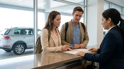 Person holding a credit card over a signed contract at a car rental desk in the United Estates
