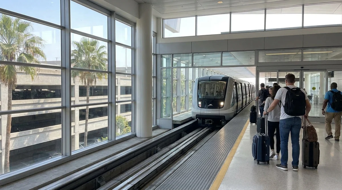 People with luggage boarding the MIA Mover train heading to the Miami car rental center
