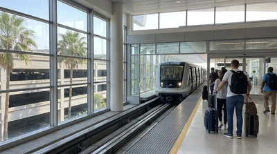 People with luggage boarding the MIA Mover train heading to the Miami car rental center