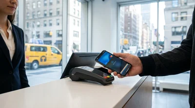 Person tapping a smartphone on a payment terminal at a car hire counter in New York