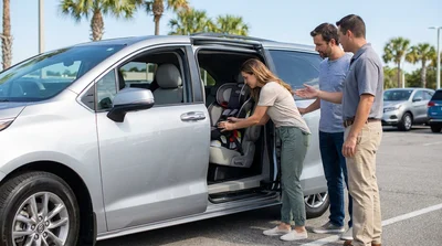 Mother checking a child car seat in the back of an Orlando car rental