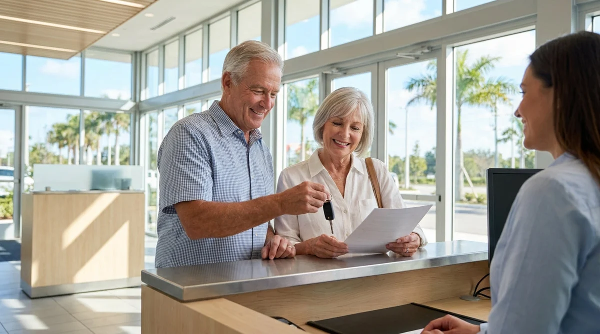 Older couple loading suitcases into the trunk of a car rental under bright palm trees in Florida
