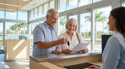 Older couple loading suitcases into the trunk of a car rental under bright palm trees in Florida