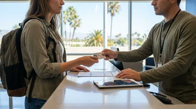 Two customers presenting identification documents at a California car rental counter