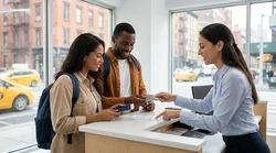 Two people showing their driver licenses at a car rental counter in New York