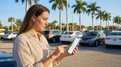 Person looking at a smartphone navigation app inside a car rental on a sunny Florida road