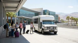 Passengers boarding a car rental shuttle bus outside Terminal 3 at Las Vegas Airport