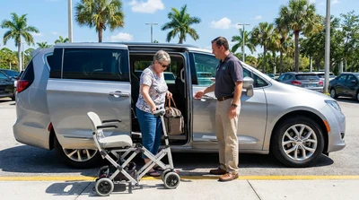Person using a wheelchair next to an accessible car rental SUV parked under palm trees in sunny Florida