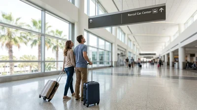 Travelers with luggage walking past signs for car rental inside Terminal A at Orlando Airport