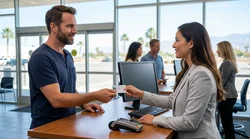 Person handing a driving licence to an agent at a car rental desk in California