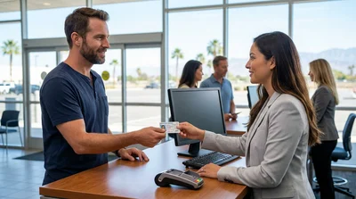Person handing a driving licence to an agent at a car rental desk in California