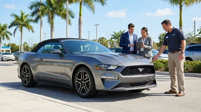 White car rental driving on a scenic highway surrounded by palm trees in Florida