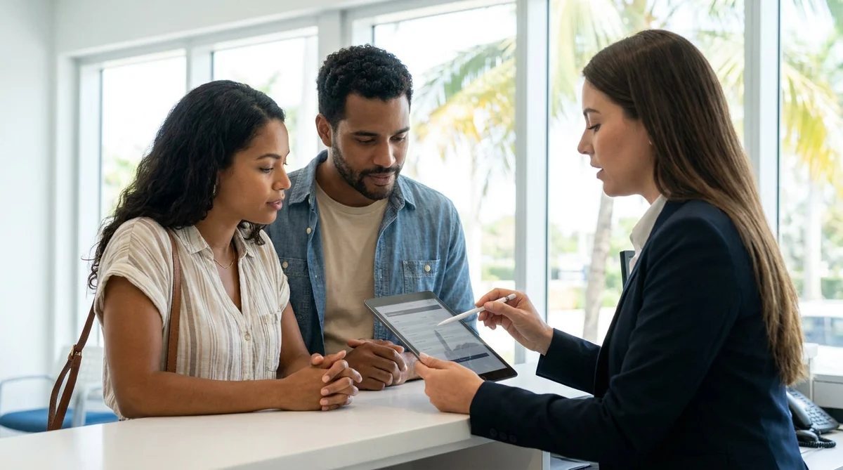 Customer signing a car rental agreement at a pickup counter in Miami