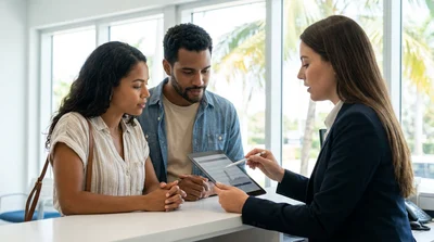 Customer signing a car rental agreement at a pickup counter in Miami
