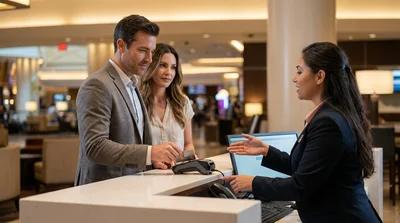 Customer handing a credit card to a representative at a Las Vegas car rental counter