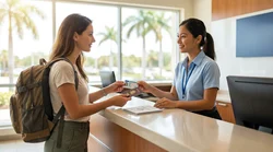 Person handing a driving licence to an agent at a car hire counter in Florida