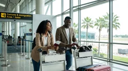 Traveler walking with luggage toward a car rental shuttle outside the airport terminal in Los Angeles